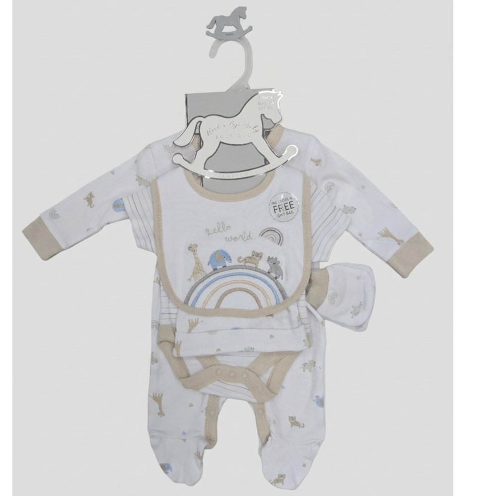 J16973: Baby Unisex Hello World 6 Piece Mesh Bag Gift Set (NB-6 Months) J16973: Baby Unisex Hello World 6 Piece Mesh Bag Gift Set (NB-6 Months)
